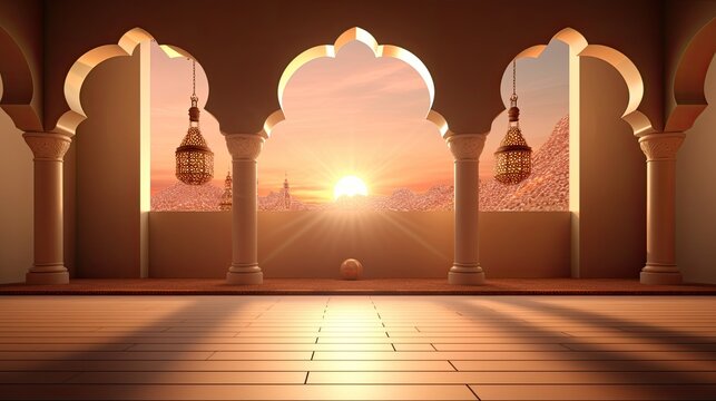 Islamic background. the mosque inside at sunrise. ai generated Generative AI