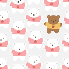 Teddy Bear Seamless Pattern Background, Happy cute bear with apple tshirt, Cartoon Panda Bears Vector illustration for kids soft background with dots