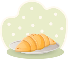 Croissant illustration. Plate, bakery, sweets, bun. Editable vector graphic design.