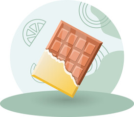 Chocolate illustration. Bar, square, wrapper, open. Editable vector graphic design.