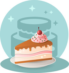 Cake illustration. Piece, cherry, glaze, topping. Editable vector graphic design.