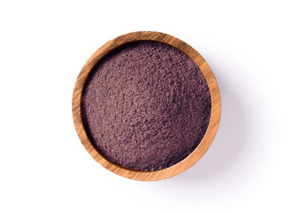 Blackberry powder in wooden bowl isolated on white background. Top view, flat lay.