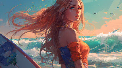 a beautiful looking surfergirl at the beach with a surfboard, generative ai technology