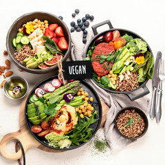 Healthy vegetarian and vegan  salads and Buddha Bowls with vitamins, antioxidants, protein on light  background.