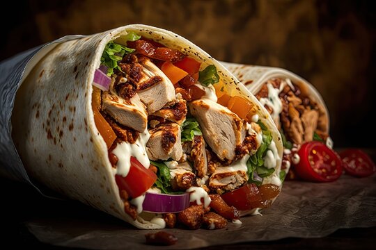 close-up of shawarma wrap, with juicy chicken and toppings visible, created with generative ai
