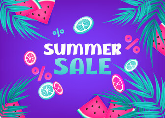 Vector illustration of sliced juicy summer fruits like watermelon, orange and lime drops on tropical foliage background for shop sale signs, banners, poster templates, social media posts. Purple