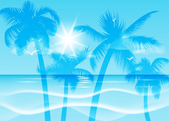 A vector illustration of a beautiful tropical beach with palm trees and a sunrise, perfect for summer backgrounds, banners, flyers, posters, and more. Ideal for summer holidays, exotic travels