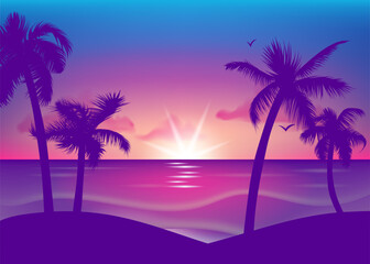 Tropical beachscape vector panorama with palm trees. Vector illustration of a tropical beach scene featuring palm trees silhouettes against an orange and purple gradient sky background sunset