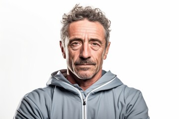 Obraz premium Medium shot portrait photography of a satisfied mature man wearing a comfortable tracksuit against a white background. With generative AI technology