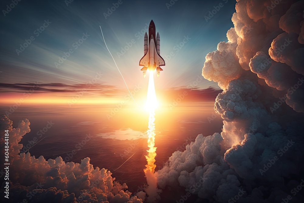 Wall mural rocket launching into the sky, with view of the sun setting over horizon, created with generative ai
