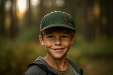 Environmental portrait photography of a happy kid male wearing a cool cap against a forest background. With generative AI technology