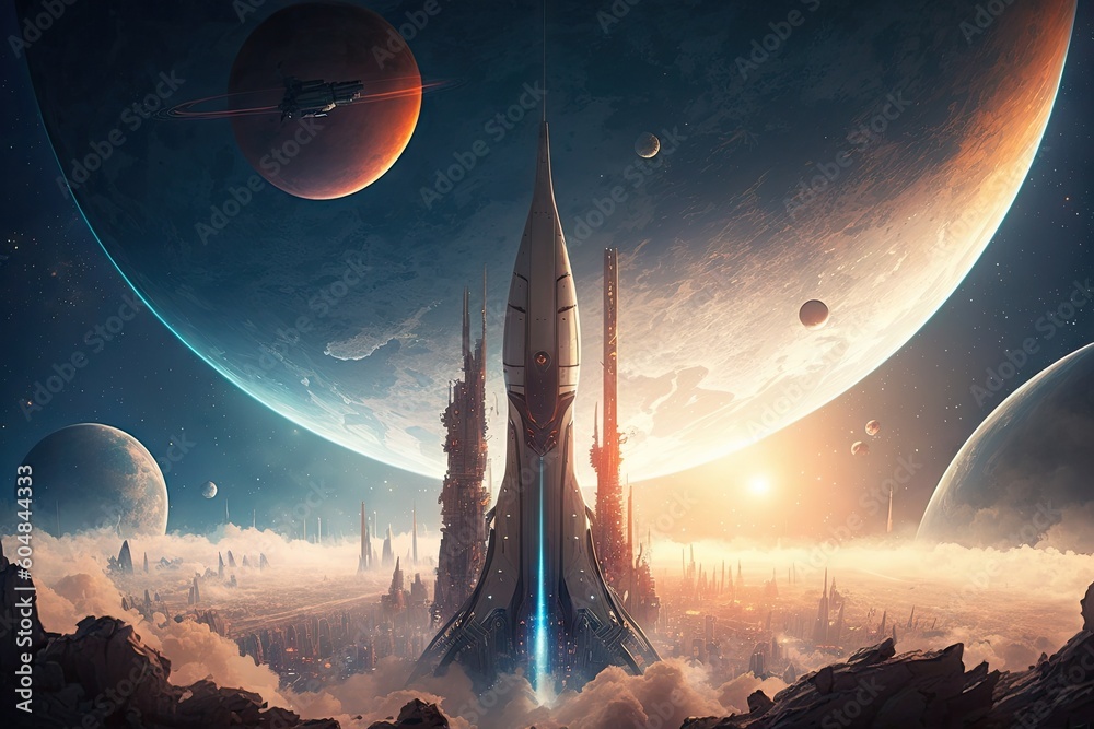 Poster rocket launch, with view of planet and futuristic city in the background, created with generative ai