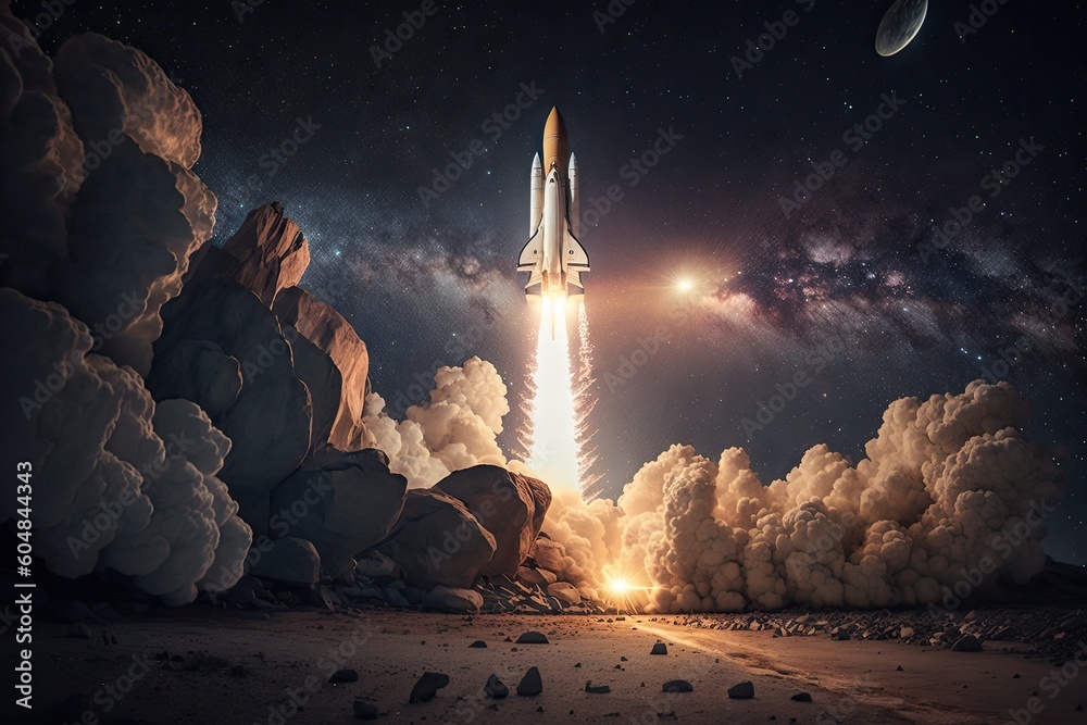 Wall mural rocket start, with view of outer space, and stars visible in the background, created with generative