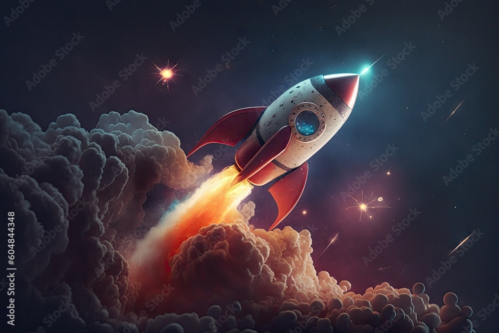 Sticker cute rocket start, with view of space and stars in the background, created with generative ai