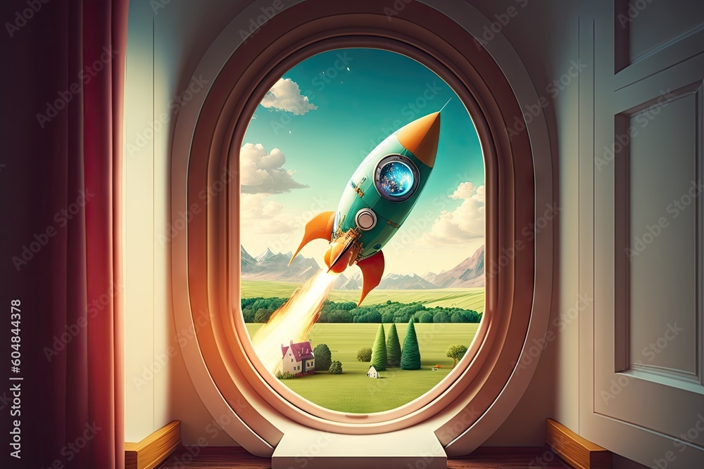 Sticker cute rocket start, with view of scenic landscape visible through the window, created with generative