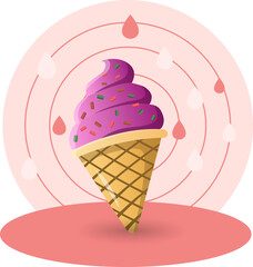 Ice cream illustration. Horn, waffle, cream, topping. Editable vector graphic design.