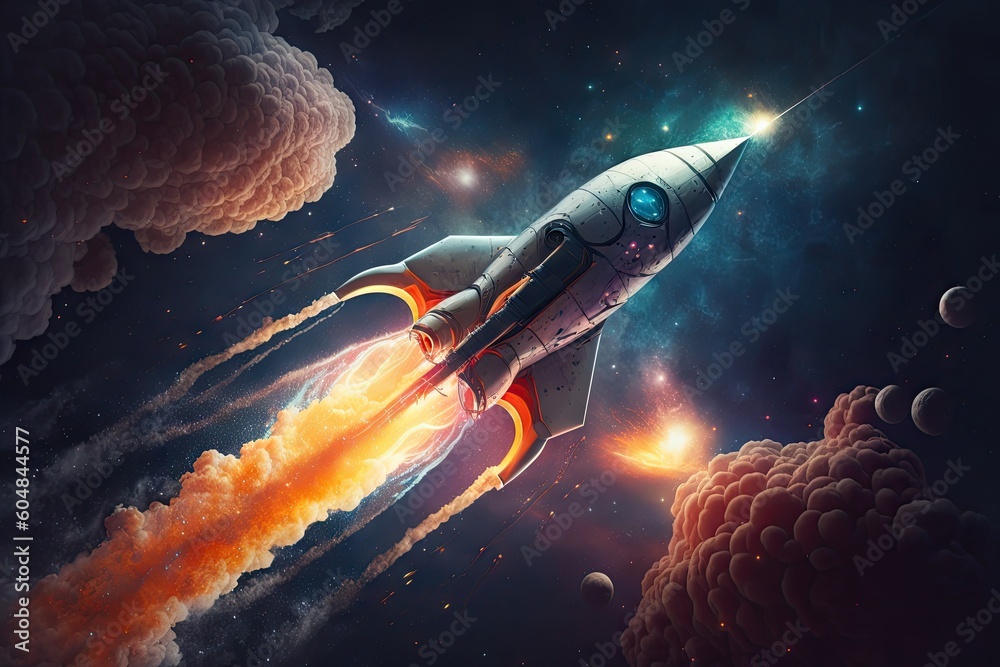 Canvas Prints a rocket ship, flying through the stars and nebulae in outer space, created with generative ai