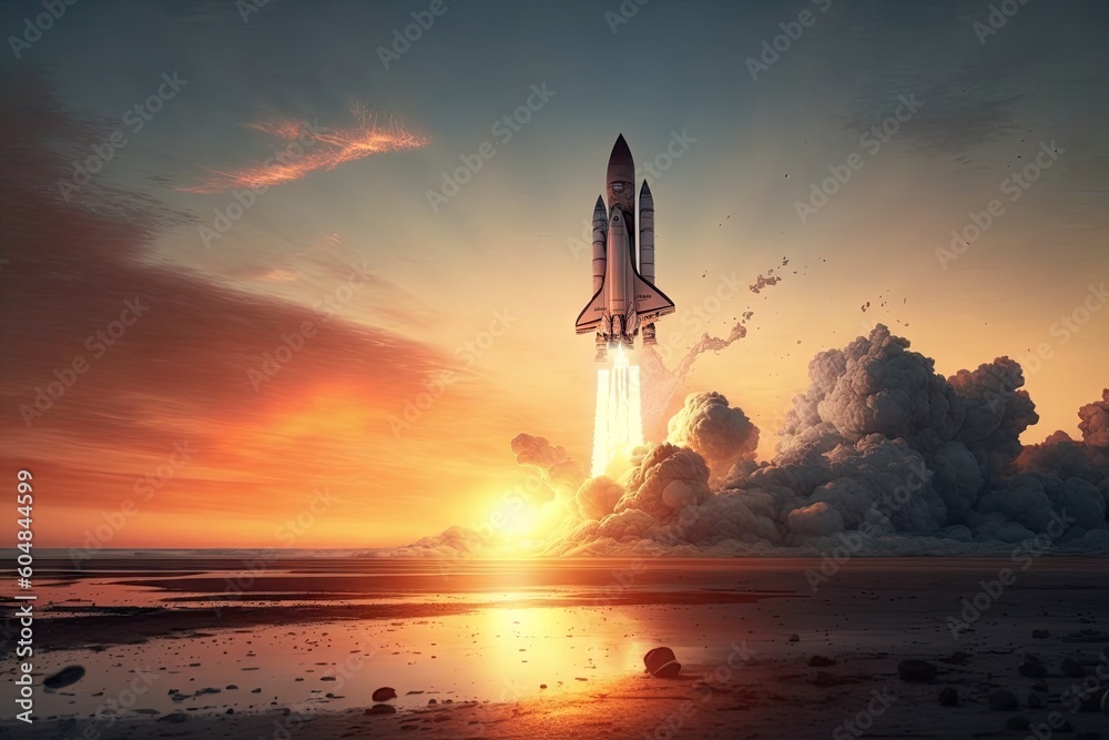 Sticker rocket start with view of sunrise in the background, created with generative ai