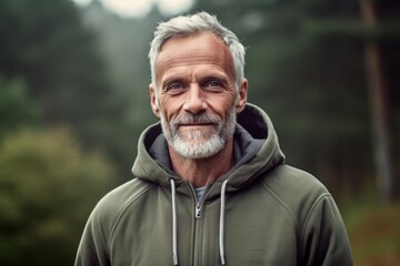 Naklejka na ściany i meble Medium shot portrait photography of a satisfied mature man wearing a comfortable hoodie against a forest background. With generative AI technology