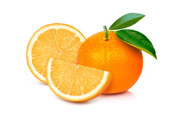 Closeup fresh orange fruit with green leaf isolated on white background.