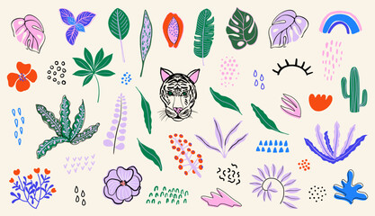 Abstract modern plants and shapes set. Tropical flowers and leaves, cute textures. Botanical elements. Flat style hand drawn vector illustrations.