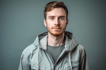 Medium shot portrait photography of a glad boy in his 30s wearing a lightweight windbreaker against a minimalist or empty room background. With generative AI technology