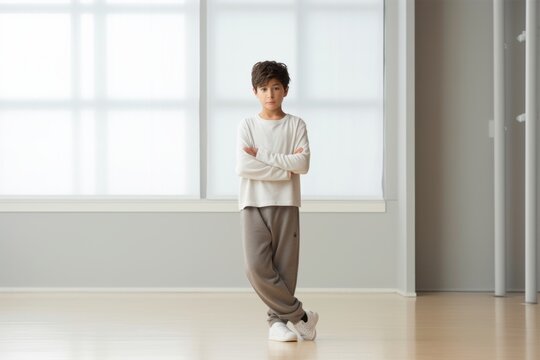 Medium shot portrait photography of a glad mature boy wearing soft sweatpants against a minimalist or empty room background. With generative AI technology