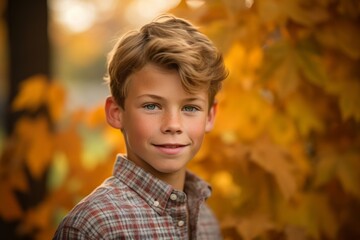 Fototapeta premium Medium shot portrait photography of a glad mature boy wearing a casual short-sleeve shirt against an autumn foliage background. With generative AI technology