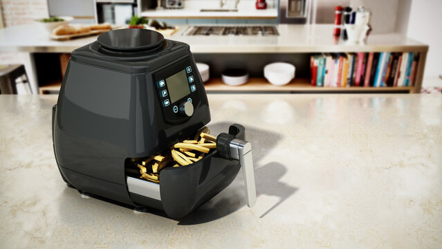Air fryer with fried potatoes standing on kitchen counter. 3D illustration