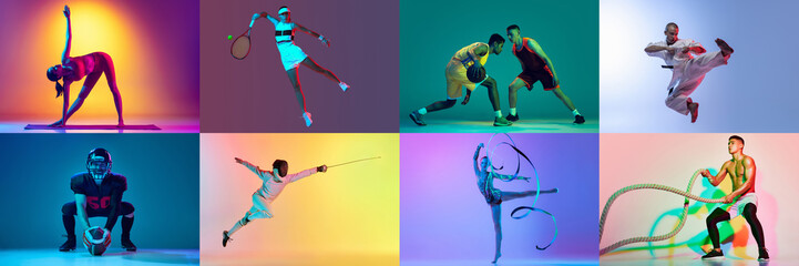 Dynamic portraits of men and women doing different kinds of sport in motion martial arts,...