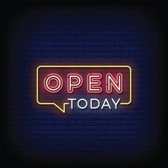 Fototapeta na wymiar Neon Sign open today with brick wall background vector