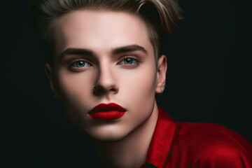 transgender gay man with red lipstick lips. Male face with makeup. Generative AI