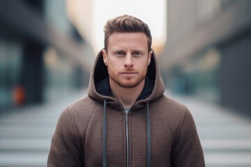 Fototapeta premium Close-up portrait photography of a glad boy in his 30s wearing a cozy zip-up hoodie against a modern architecture background. With generative AI technology