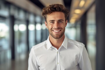 Fototapeta premium Close-up portrait photography of a grinning boy in his 30s wearing a classy button-up shirt against a modern architecture background. With generative AI technology