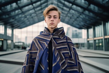 Lifestyle portrait photography of a glad mature boy wearing a unique poncho against a modern architecture background. With generative AI technology