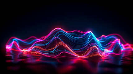 Fototapeta na wymiar Dark abstract background with wavy glowing lines, generative AI.