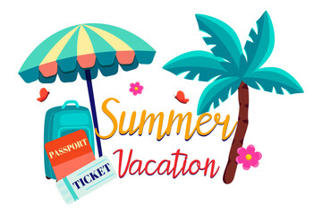 Bright drawings of summer objects, conveying the essence of summer vacation , luggage, documents, travel ticket, beach umbrella, lettering, vector 