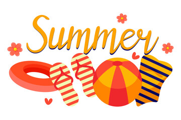 Bright patterns of summer objects conveying the essence of the sunny season , items for the beach or pool , inflatable circle, slippers, swimsuit and ball, lettering, vector 