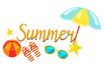 Colorful illustrations of summer objects conveying the essence of the sunny season , items for the beach or pool , ball, slippers, sunglasses, beach umbrella, lettering, vector 