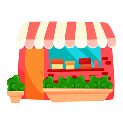 Cute store illustration, cartoon colorful store, store for different goods with decorative elements - plants, canopies or showcases  