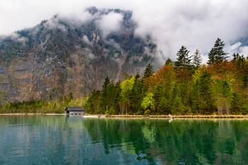 Landscape at Lake Königssee with mystical fog