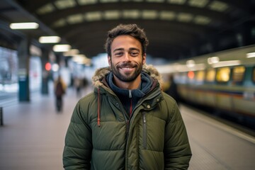 Medium shot portrait photography of a glad boy in his 30s wearing a cozy sweater against a train station background. With generative AI technology