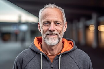 Obraz premium Close-up portrait photography of a happy mature man wearing a comfortable hoodie against a train station background. With generative AI technology
