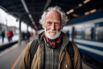 Lifestyle portrait photography of a glad old man wearing a cozy sweater against a train station background. With generative AI technology
