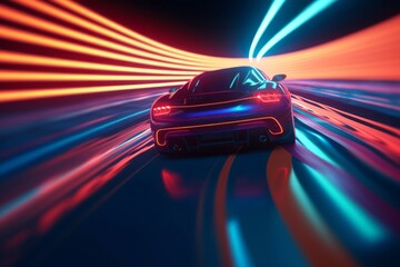 Obraz na płótnie Canvas High speed Car on a racetrack, with a trail of neon lights following its path, symbolizing speed, performance, and a futuristic aesthetic. Generative AI