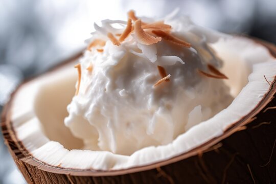 coconut ice cream close up view, ai tools generated image