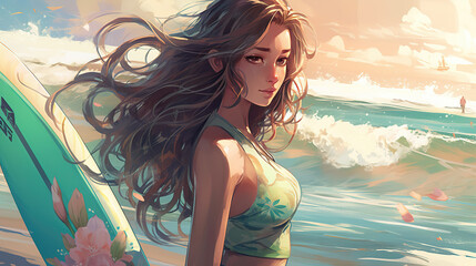 a beautiful sad looking anime surfergirl at the beach, waves in background, generative ai technology