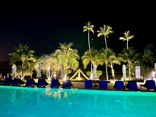 Swimmingpool mit Palmen bei Nacht