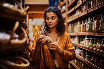 Young Indian woman checks the range of grains, seeds and cereals in an organic market, made with generative ai