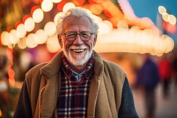 Lifestyle portrait photography of a grinning old man wearing a cozy sweater against a carnival background. With generative AI technology